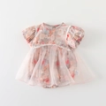 Baby meisjes bloemen romper met tule rok en verfijnde kanten rand aan de mouwen - 66CM / Perzik