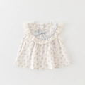 Haut sans manches à fleurs pour filles avec col à volants et nœud bleu en coton crème - 73cm / Haut Floral Bleu Seul (Sans Short)