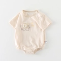 Short sleeve baby bodysuit in light beige featuring a cute lion print and snap buttons - Camel / 66CM