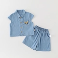 Infant boys denim two-piece summer set with sleeveless shirt and puppy embroidery - 73 / Blue Denim Set