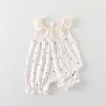 Pagliaccetto neonata senza maniche con stampa floreale e colletto in pizzo vintage crema - 66CM / Bianco