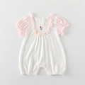 Barboteuse bébé à col rose volanté, texture losange et broderies florales - 66cm / Rose