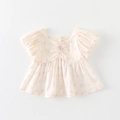 Girls' beige floral baby doll top with puff sleeves and pearl bow detail - 80cm / Pink (Short Sleeve Top)