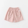 Pink cotton shorts for girls with elastic waist and delicate white lace-trimmed back pockets - 73cm / Pink Shorts