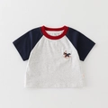 Light gray and navy raglan toddler t-shirt with horse embroidery and red collar trim - Navy Patchwork Short Sleeve T-Shirt Only (Without Shorts) / 73cm
