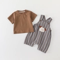 Infant summer set with brown short-sleeved T-shirt and striped dog applique overalls - 73cm / Coffee Plaid Overall Set