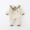 Quilted floral baby romper with doll collar and brown ruffle trim for newborn warmth - 66cm / Beige