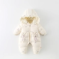 Thick warm baby hooded romper in cream white with floral embroidery and bow detail - 73cm / Beige