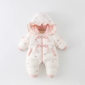 Tutina invernale neonato a fiori beige con fodera rosa e dettagli di perle - 66CM / Rosa