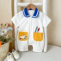 Short sleeve baby romper in white cotton with navy collar and artist palette pockets - Beige / 66CM