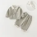 Kinderen saliegroen tweedelig fleece setje met gestreepte kraag en vogelborduur - 73cm / Dun fleece / Groen