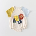 Short sleeve cotton baby romper with cartoon lion print and color block raglan sleeves - Beige / 66CM