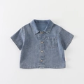 Kids short sleeve denim shirt in mid-blue wash with wood buttons and chest pocket - 73cm / Denim Jacket / Blue