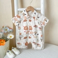Short sleeve baby romper in white cotton with cartoon animal prints and polo collar - 66CM / Rainbow