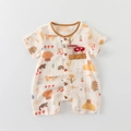 Pagliaccetto neonato in cotone a maniche corte con stampe bosco e ricamo a fungo - Stampa Foresta Beige / 66CM