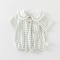 Green plaid baby romper with white Peter Pan collar and wood buttons for summer wear - 66CM / Green