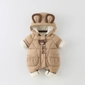Tuta invernale neonato kaki con cappuccio con orecchie di orso e ricamo sul petto - Stile Orso Cachi (DW-8454) / 73cm