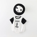 Cute panda baby summer bodysuit set with short sleeves and matching sun hat in black and white - 66CM / White