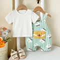 Infant summer set with white t-shirt and striped green puppy overall shorts with yellow pocket - 73cm / Blue