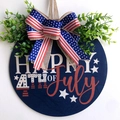 Wooden Independence Day door sign with Happy 4th of July text and festive bow decoration - Independence Day Plaque