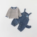 Baby boys denim overall set with dinosaur patch and striped long sleeve t-shirt - 73cm / Blue (Long Sleeve)