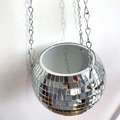 Detailed view of shiny mirror disco ball hanging planter with silver chains and hooks - 20cm Silver