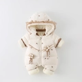 Insulated baby winter romper in cream with cherry embroidery and floral ruffles - Beige Cherry Pattern (DW-8458) / 73cm