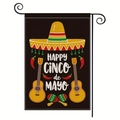 Cinco de Mayo Gartenfahne mit Sombrero- und Gitarrengrafik auf schwarzem Metallständer - Gitarre Gartenflagge Stil B