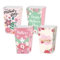 Four Happy Mother's Day popcorn boxes with floral illustrations and scalloped edges - Mixed Illustration Style