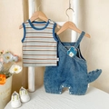 Baby boy dinosaur denim set with colorful striped sleeveless tank and cute overalls - 73cm / Blue
