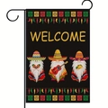 Mexikanische Gartenfahne mit Gnomen und Willkommensgruss an schwarzem Metallständer - Gnom Gartenflagge
