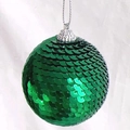 Close-up of green sequined Christmas ball ornament with silver cap and hanging string - Style 3 Single 8cm Green