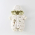 Winter floral baby romper in creamy white with hooded ruffle trim and flower detail - Beige Floral Ruffle Theme (DW-8455) / 73cm