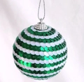 Close-up of a Christmas ball ornament featuring green and white sequins in a striped pattern - Style 2 Single 8cm Green White Stripe