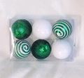 Set of 6 green and white sequined Christmas ball ornaments in a clear gift box - Mixed 6 Pieces Per Box 8cm