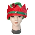 Détail du chapeau de lutin en peluche rouge et vert avec clochettes pour Noël cosplay - Chapeau d'Elfe à Cloche en Peluche