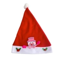 Detail of red plush Christmas hat featuring a 3D snowman with holly and berry accents - Child Style Snowman