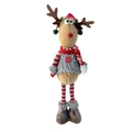 Detailed view of plush Christmas reindeer doll with red knitted hat and striped legs - Hatted Reindeer Standing Boy Style