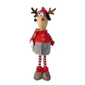 Detail of Christmas reindeer plush doll with red hat and grey checkered skirt decoration - Hatted Reindeer Standing Girl Style