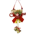 Dettaglio di ornamento natalizio con campana, figura di Babbo Natale, fiocco rosso e pini - Campanello Dorato