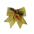 Detalle de lazo navideño dorado con purpurina, piñas y bayas sobre fondo blanco liso - Dorado