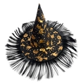 Cappello da strega di Halloween con motivi dorati di zucca e piume nere sul bordo - Nero