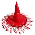 Dettaglio del cappello da strega rosso con stampe dorate di zucca e piume rosse sulla tesa - Rosso