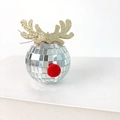 Dettaglio pallina di Natale renna disco argento con corna dorate e naso rosso morbido - Sfera a Specchio da 5cm / Argento
