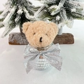 Brown plush teddy bear ornament with silver disco ball base and glitter bow - Christmas Little Bear Ornament (Silver)