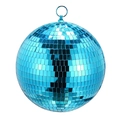 Detail of blue disco mirror ball with square glass tiles and metal hanging screw ring - 30cm Blue