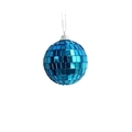 Close-up of a blue disco mirror ball with reflective square tiles and a silver hanging ring - 3 Blue (Plastic Cap)