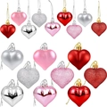 Set van hartornamenten in rood, roze en zilver met glitter en matte afwerking - Hartvormige Ballenset (36-delig)