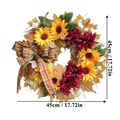 Artificial autumn wreath with sunflowers, maple leaves, and a checkered bow on white background - Four Seasons Bowknot Wreath / 45cm