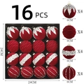 Détails de boules de Noël en velours rouge 6cm avec motifs pailletés et dimensions - Ensemble de 16 pièces / Bordeaux